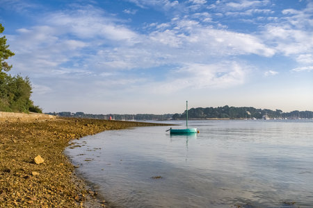 Old sailing ship at the Ile-aux-Moines island, beautiful seascape in the Morbihan gulf, Brittanyの写真素材
