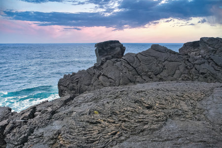La Reunion, the volcanic garden, landscape at Saint-Philippe, cliff formed by ancient lava on the seaの写真素材