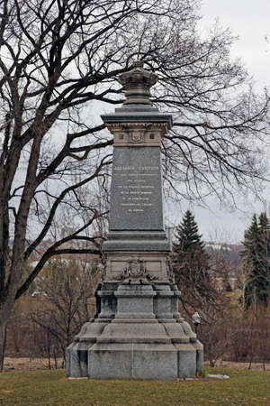 Quebec, Canada -12-02-2021: Jacques Cartier commemorative monument at the Cartier-BrÃ©beuf national historic site of Canada in Quebecのeditorial素材