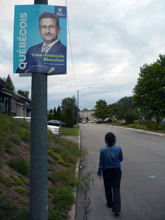Election poster of Yves-FranÃ§ois Blanchet, leader of the Bloc QuÃ©bÃ©cois for the federal elections in Canada in 2021のeditorial素材