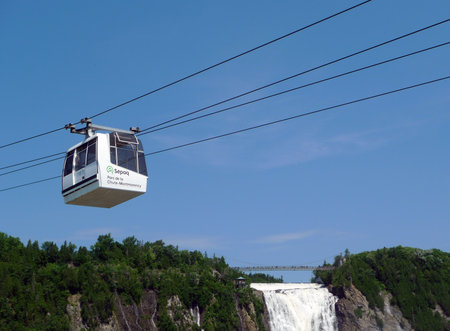 Cable car on the background of a waterfall and blue sky.のeditorial素材
