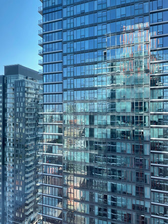 Modern skyscrapers in the city. Business concept. Blue toned