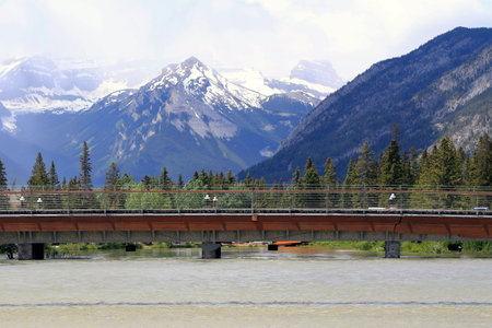 Bridge over the Bow river in the city of Banff, Canadaの写真素材