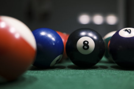 Billiard balls on billiard table. Close-up of billiard balls.の写真素材
