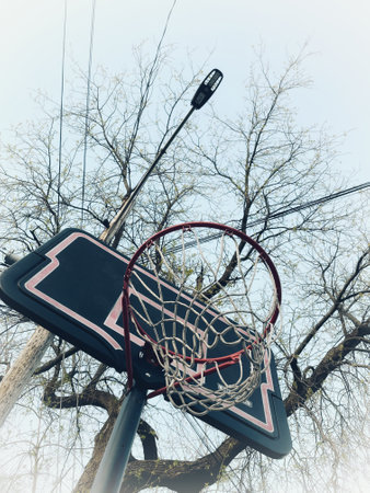 Basketball hoop and net in the park, closeup of photoの写真素材