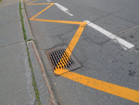 Yellow line on the asphalt road in the city, closeup of photoの写真素材