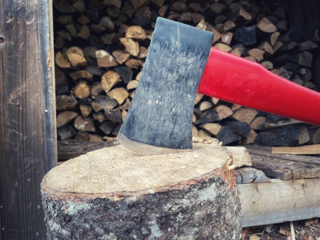 Ax with a red handle on a log in front of a pile of firewoodの写真素材