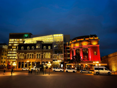 the Capitole theater and the Diamant theater in Quebec City in the eveningのeditorial素材