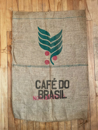 A burlap bag of coffee beans from Brazilのeditorial素材