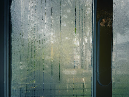 Window with condensation on it in autumnの写真素材