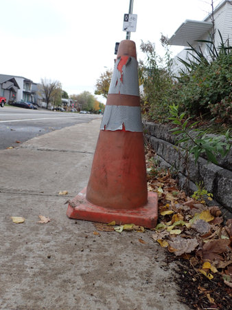 Traffic cone on the side of the road with fallen leaves.の写真素材