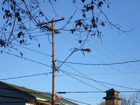 an electric pole and a street lamp in townの写真素材
