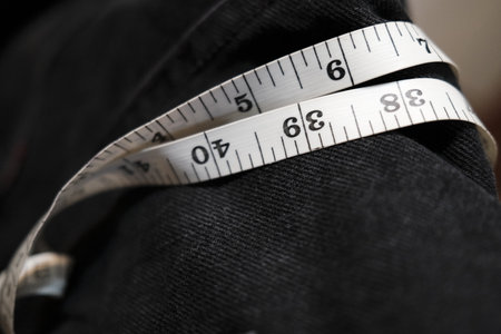 Close up of a tailor's tape measure on a black fabric.の写真素材