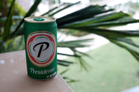 A can of Presidente brand beer in the Dominican Republicのeditorial素材