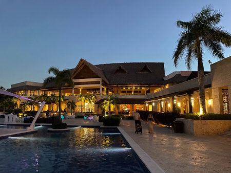 Swimming pool in luxury hotel resort at night, Luxury lifestyle in Punta Cana.のeditorial素材