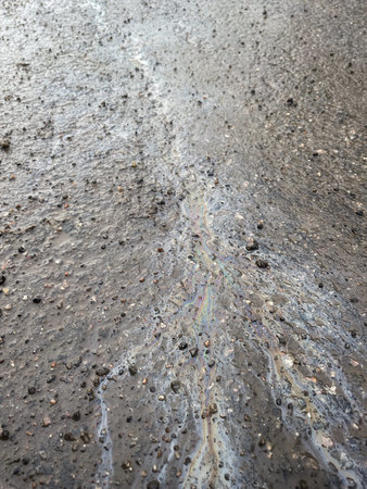 Gasoline stain on the road in winter.