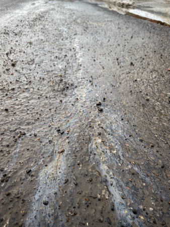 Gasoline stain on the road in winter.の写真素材