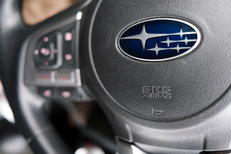 Close-up of the steering wheel of the Subaru.のeditorial素材