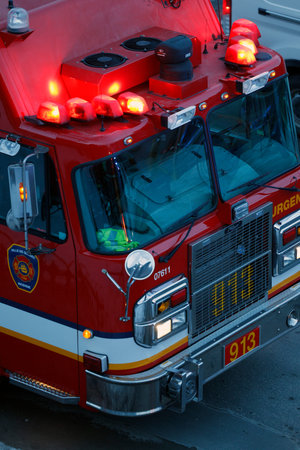 fire engine on the road in the city, closeup of photo