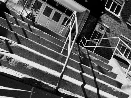 Black and white photo of a stairway leading up to a building