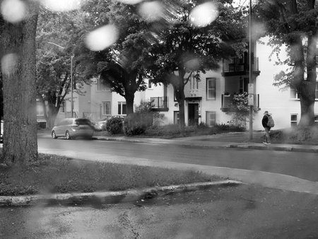 A person walks in the city in the rain
