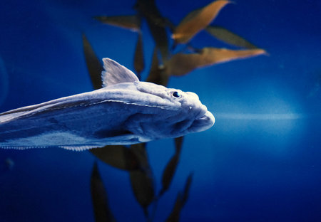Photo of a blue fish swimming in the water in the aquarium.