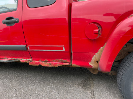 An old rusty red pickup truckの写真素材