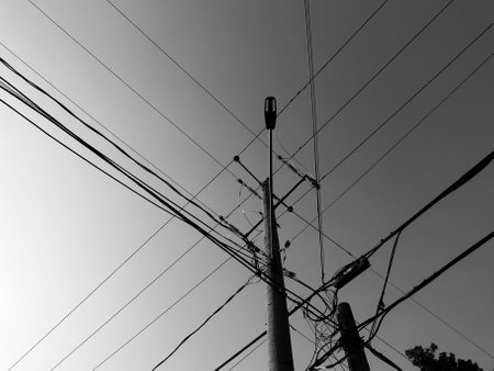 electricity post in black and white, power lines in the cityの写真素材