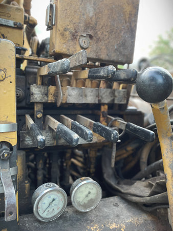 Close up of old truck engine. Selective focus with shallow depth of field.の写真素材