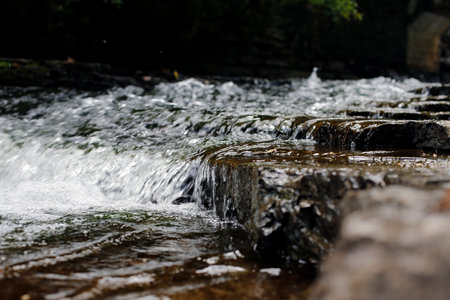 Waterfall in the forest. Selective focus and shallow depth of field.の写真素材