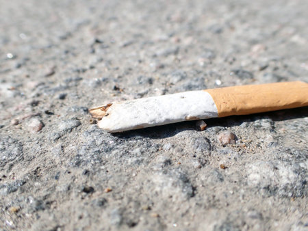 Cigarette butt on the asphalt, closeup of photo.の写真素材
