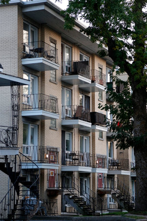 Apartment buildings with balconies in Quebec, Canada.の写真素材