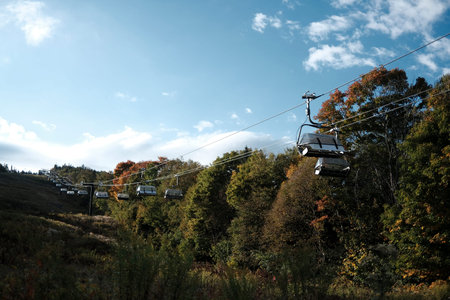 Cable car in the mountains against the background of the autumn forest