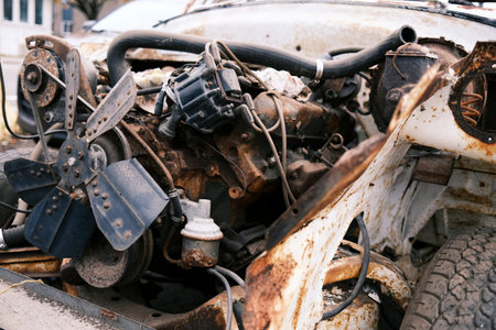 Closeup of a rusty old car engine in a junkyard