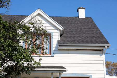 House with a roof from a bituminous tile and a chimneyの写真素材