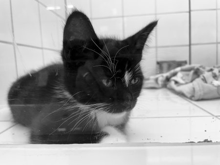 Black and white cat sitting behind glass.の写真素材