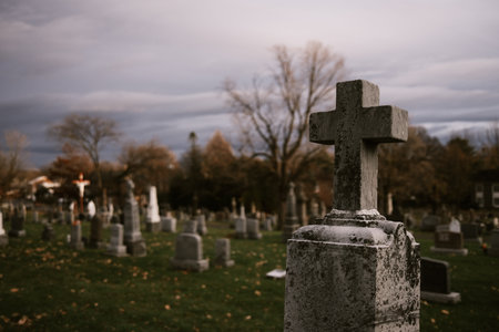 Old cemetery with a cross in the foreground. Selective focus.の写真素材