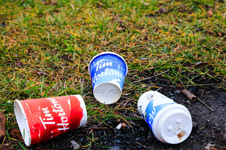 Coffee cups Tim Hortons abandoned on the ground in a park. Pollution.のeditorial素材
