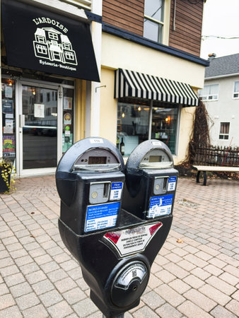 Public parking meter in Rimouski, Quebec.のeditorial素材