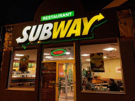 A Subway restaurant in the evening in Quebec.のeditorial素材