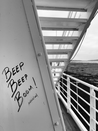 Graffiti on a boat in black and white. Beep, Beep, Boom.のeditorial素材
