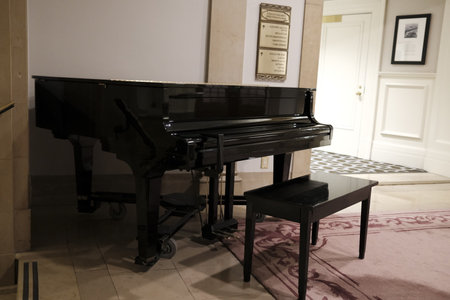Black grand piano in a hotel lobby. Musical instrument for playing music.のeditorial素材