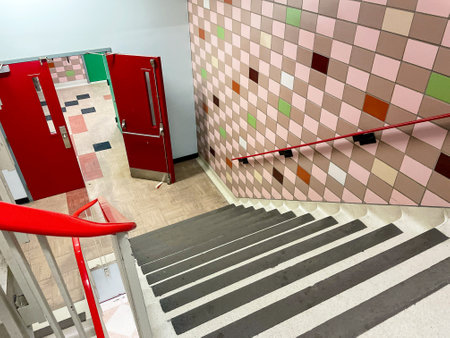 Interior of a vintage building, stairs and colored ceramics. Nobody insideの写真素材