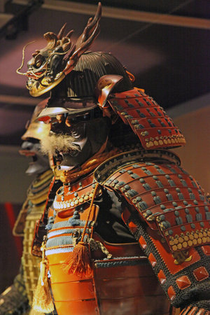 A close up shot of a Japanese samurai warrior. Traditional armor of a Japanese Samurai.のeditorial素材