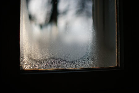Close-up view of a frozen window with a blurred background.の写真素材