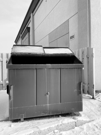 Garbage bin in front of a building. Black and white.の写真素材