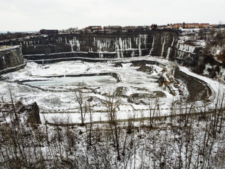 Aerial view of a limestone quarry in winter.