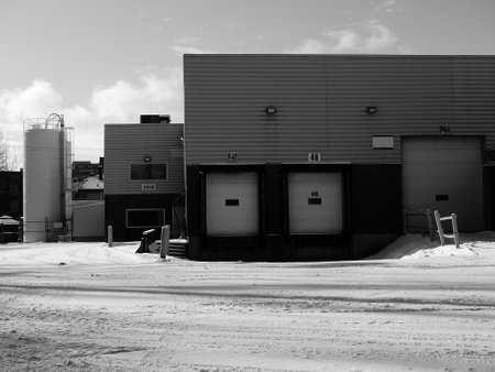 Industrial building in the winter. Black and white. Industrial landscape.の写真素材