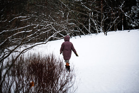 A woman in a warm jacket walks through the snow in the winter forest.の写真素材