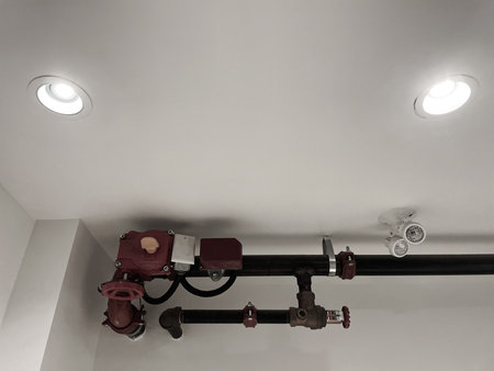 Pipes and valves on the ceiling of an office building, interiorの写真素材
